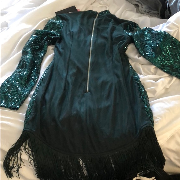 Emerald Sequins Long Sleeve Tassel Hem 
